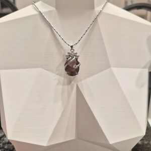 Silver Pendant Necklace with an Oval-shape Brown Stone and Cubic Zirconia Accent